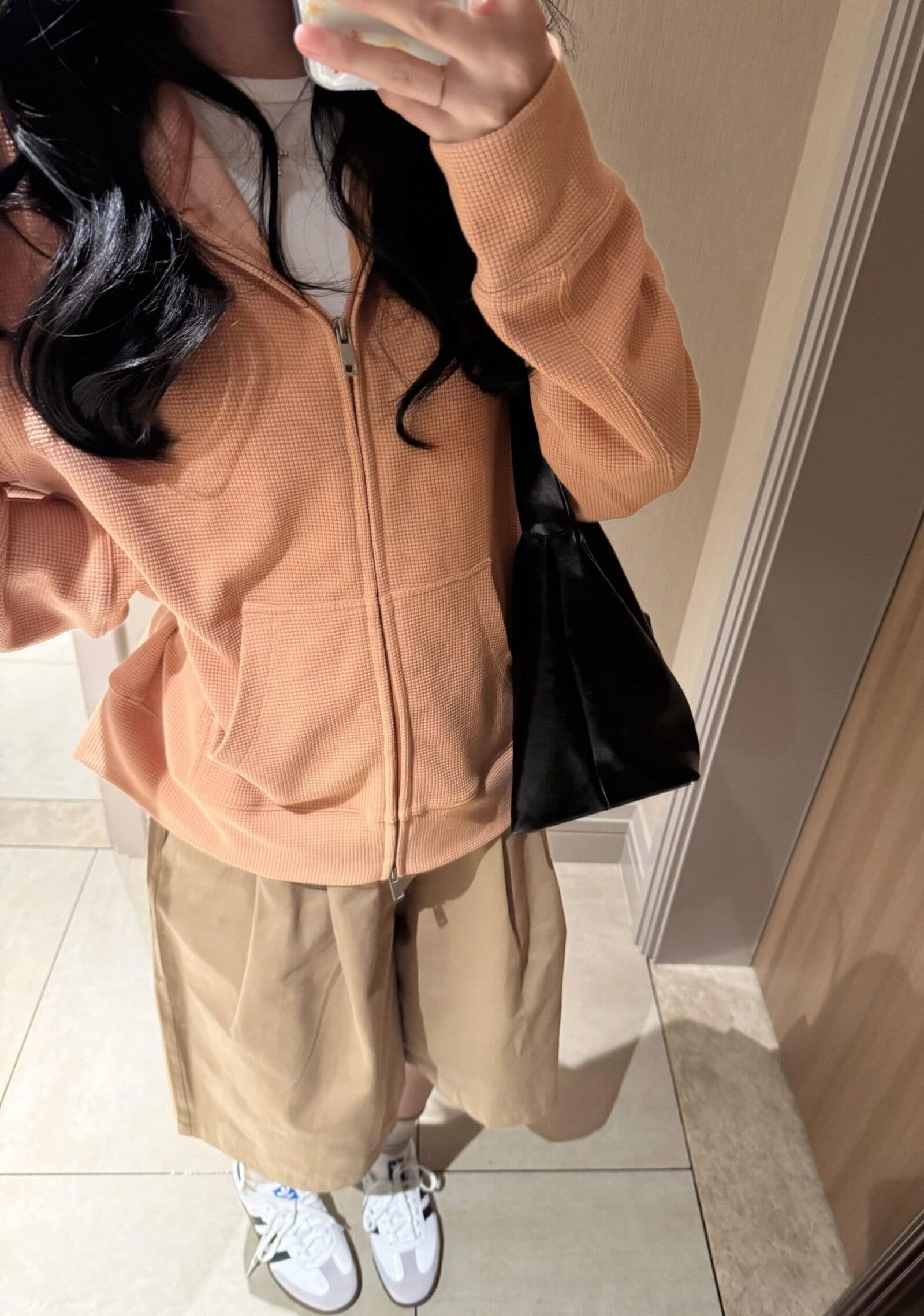 후아 남편 그리드 한 부서 후아 남편 그리드 주황색 후드 오픈 가디건 후드티 여성 가을 2026 느긋한 재킷 상세 이미지 1