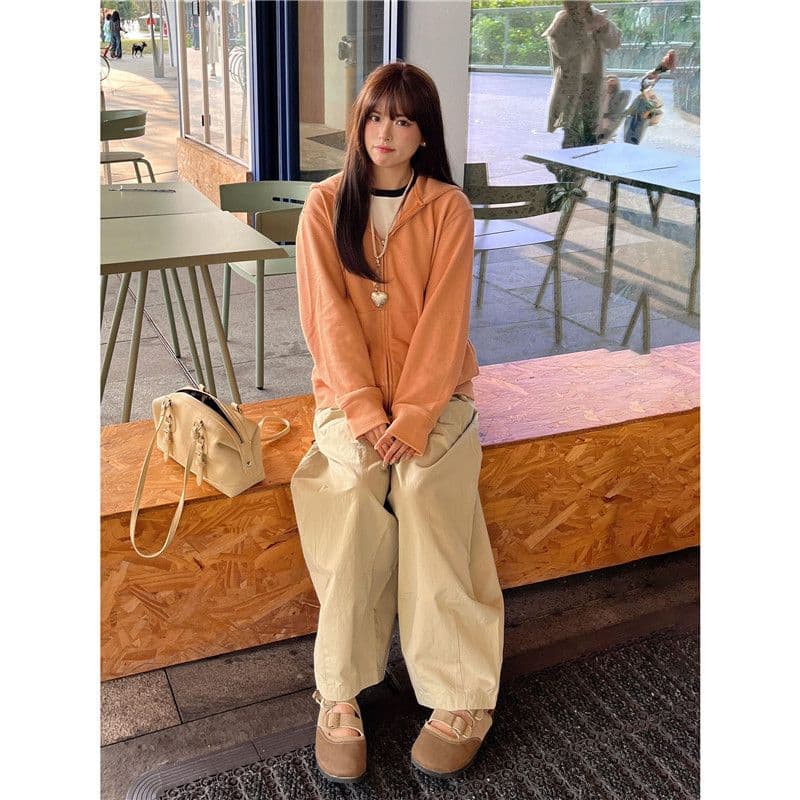 후아 남편 그리드 한 부서 후아 남편 그리드 주황색 후드 오픈 가디건 후드티 여성 가을 2026 느긋한 재킷 이미지 2