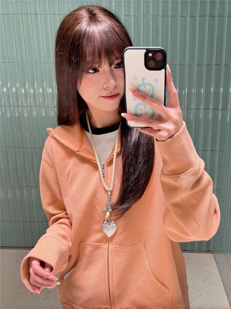 후아 남편 그리드 한 부서 후아 남편 그리드 주황색 후드 오픈 가디건 후드티 여성 가을 2026 느긋한 재킷
