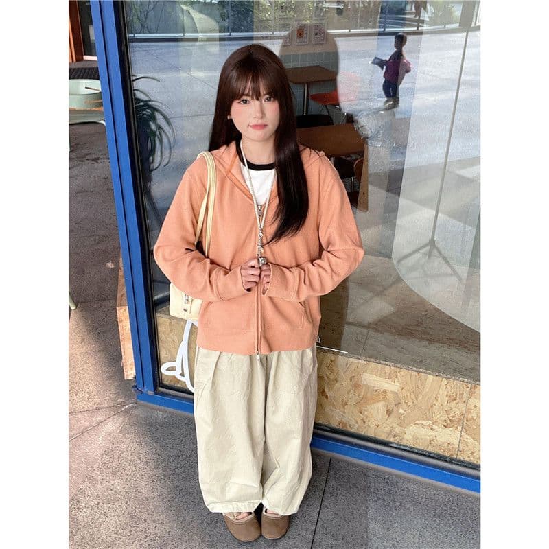 후아 남편 그리드 한 부서 후아 남편 그리드 주황색 후드 오픈 가디건 후드티 여성 가을 2026 느긋한 재킷 상세 이미지 3