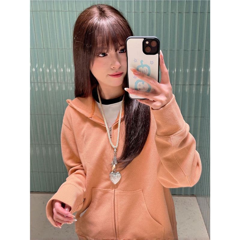 후아 남편 그리드 한 부서 후아 남편 그리드 주황색 후드 오픈 가디건 후드티 여성 가을 2026 느긋한 재킷 상세 이미지 4