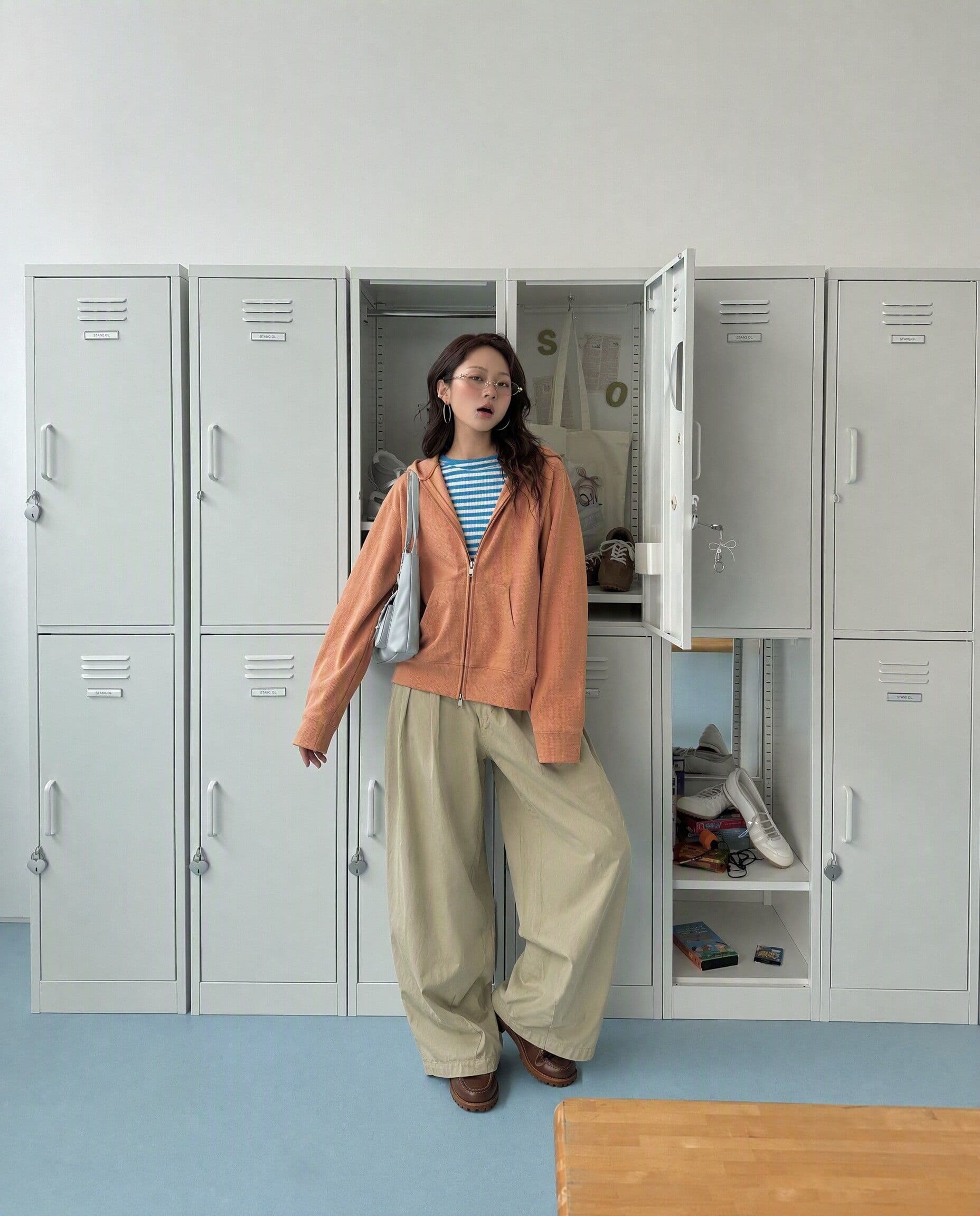 후아 남편 그리드 한 부서 후아 남편 그리드 주황색 후드 오픈 가디건 후드티 여성 가을 2026 느긋한 재킷 상세 이미지 5