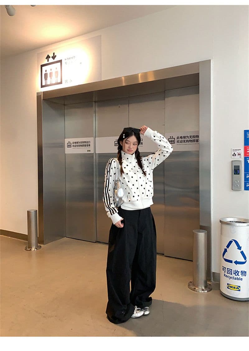 한 부서 가을 2026 몸매 가꾸기 짧은 지퍼 오픈 가디건 화이트 도트 무늬 스탠드 칼라 후드티 여성 코트 상세 이미지 1