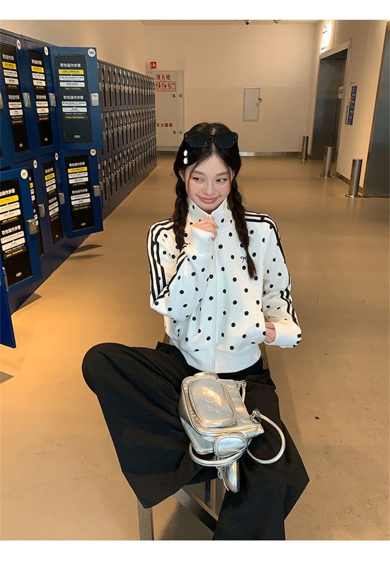 한 부서 가을 2026 몸매 가꾸기 짧은 지퍼 오픈 가디건 화이트 도트 무늬 스탠드 칼라 후드티 여성 코트 상세 이미지 2