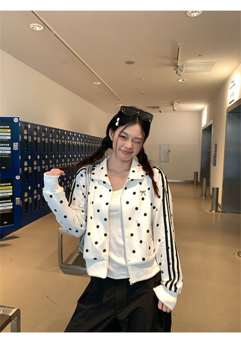한 부서 가을 2026 몸매 가꾸기 짧은 지퍼 오픈 가디건 화이트 도트 무늬 스탠드 칼라 후드티 여성 코트 상세 이미지 3