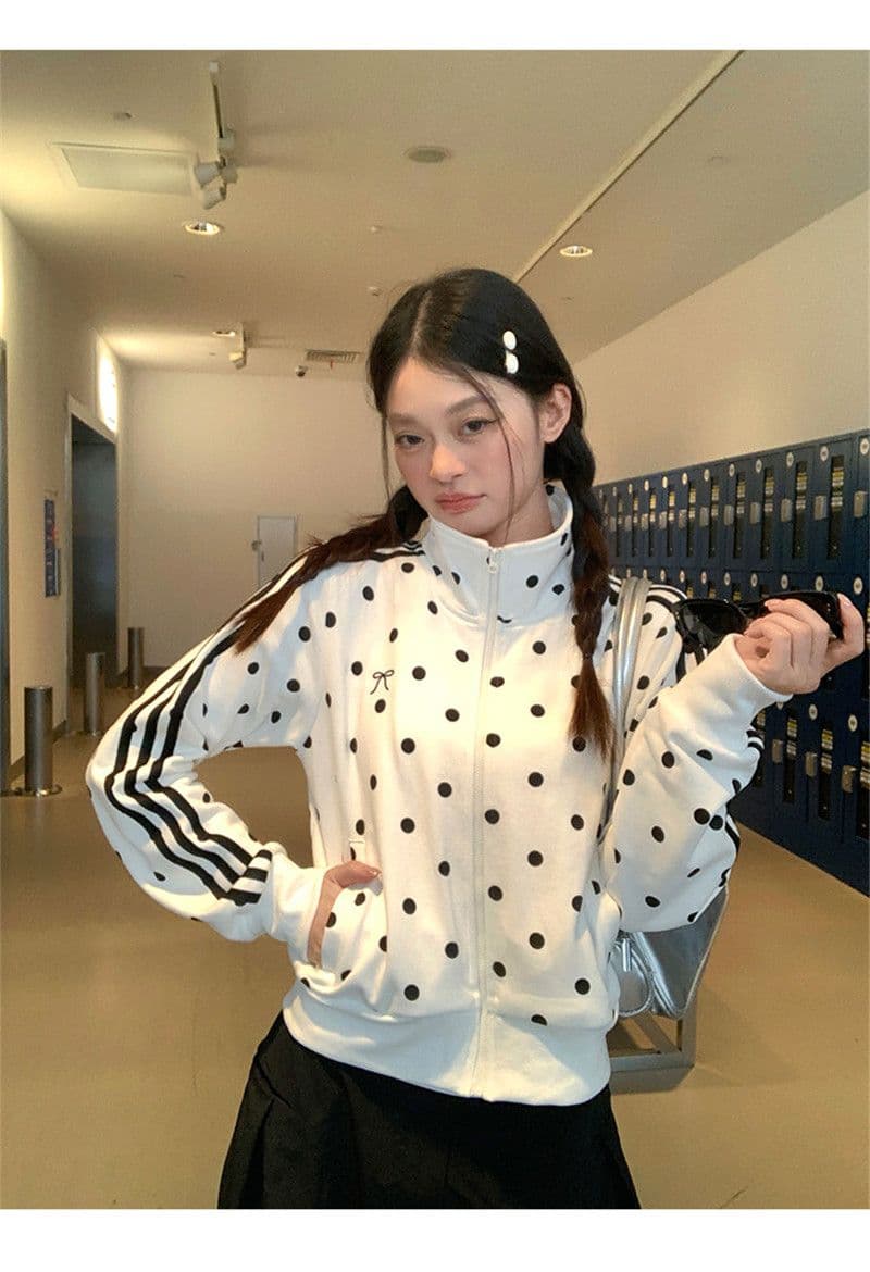 한 부서 가을 2026 몸매 가꾸기 짧은 지퍼 오픈 가디건 화이트 도트 무늬 스탠드 칼라 후드티 여성 코트 상세 이미지 4