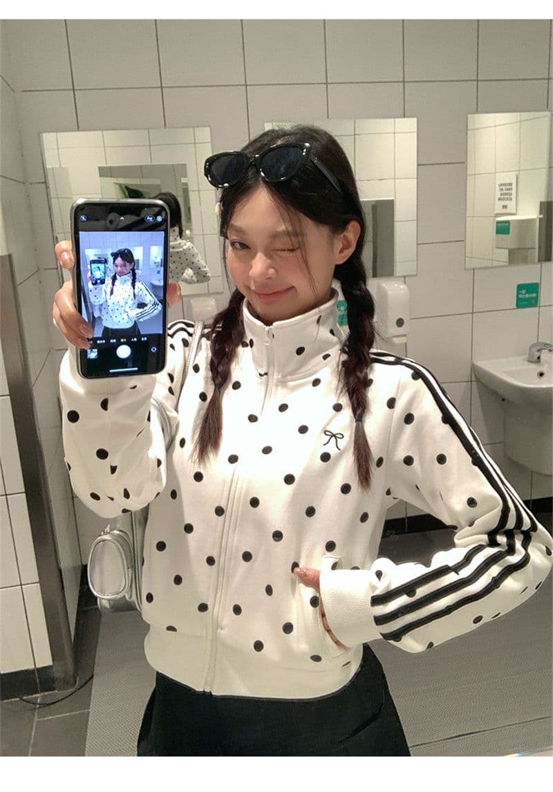 한 부서 가을 2026 몸매 가꾸기 짧은 지퍼 오픈 가디건 화이트 도트 무늬 스탠드 칼라 후드티 여성 코트 상세 이미지 10