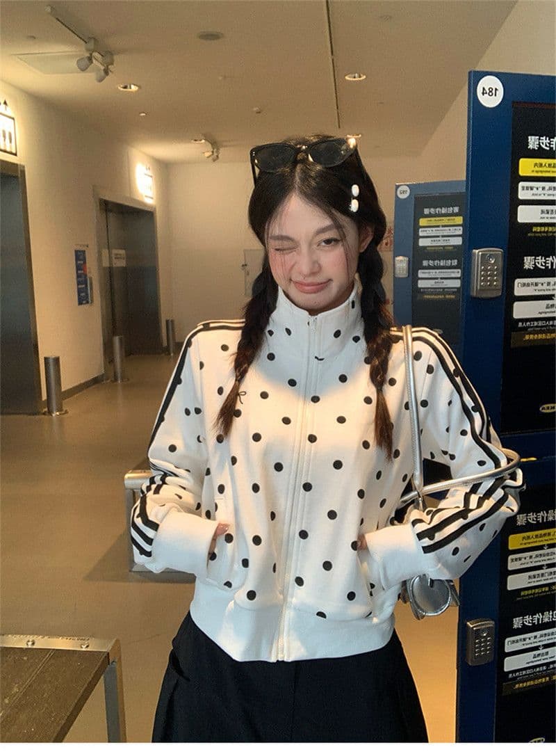 한 부서 가을 2026 몸매 가꾸기 짧은 지퍼 오픈 가디건 화이트 도트 무늬 스탠드 칼라 후드티 여성 코트 상세 이미지 14