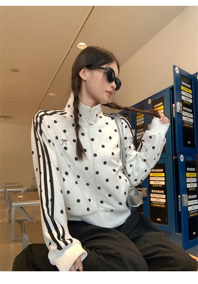 한 부서 가을 2026 몸매 가꾸기 짧은 지퍼 오픈 가디건 화이트 도트 무늬 스탠드 칼라 후드티 여성 코트 상세 이미지 16