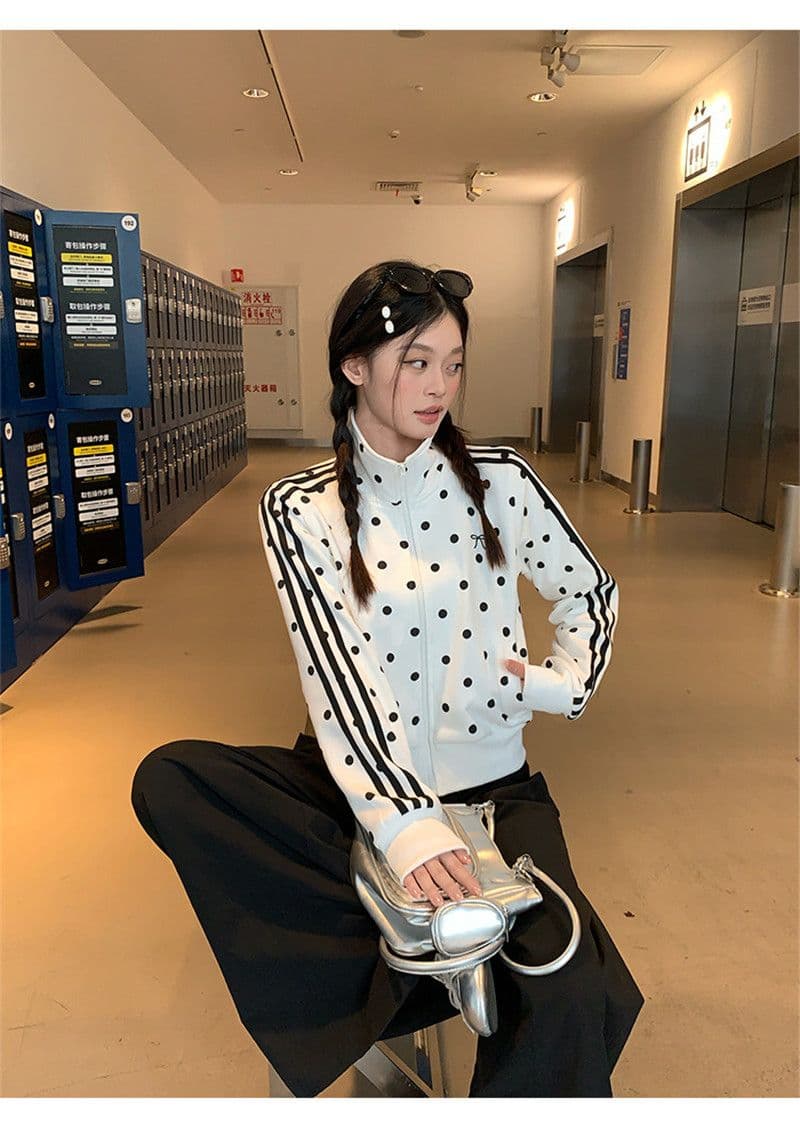 한 부서 가을 2026 몸매 가꾸기 짧은 지퍼 오픈 가디건 화이트 도트 무늬 스탠드 칼라 후드티 여성 코트 상세 이미지 18