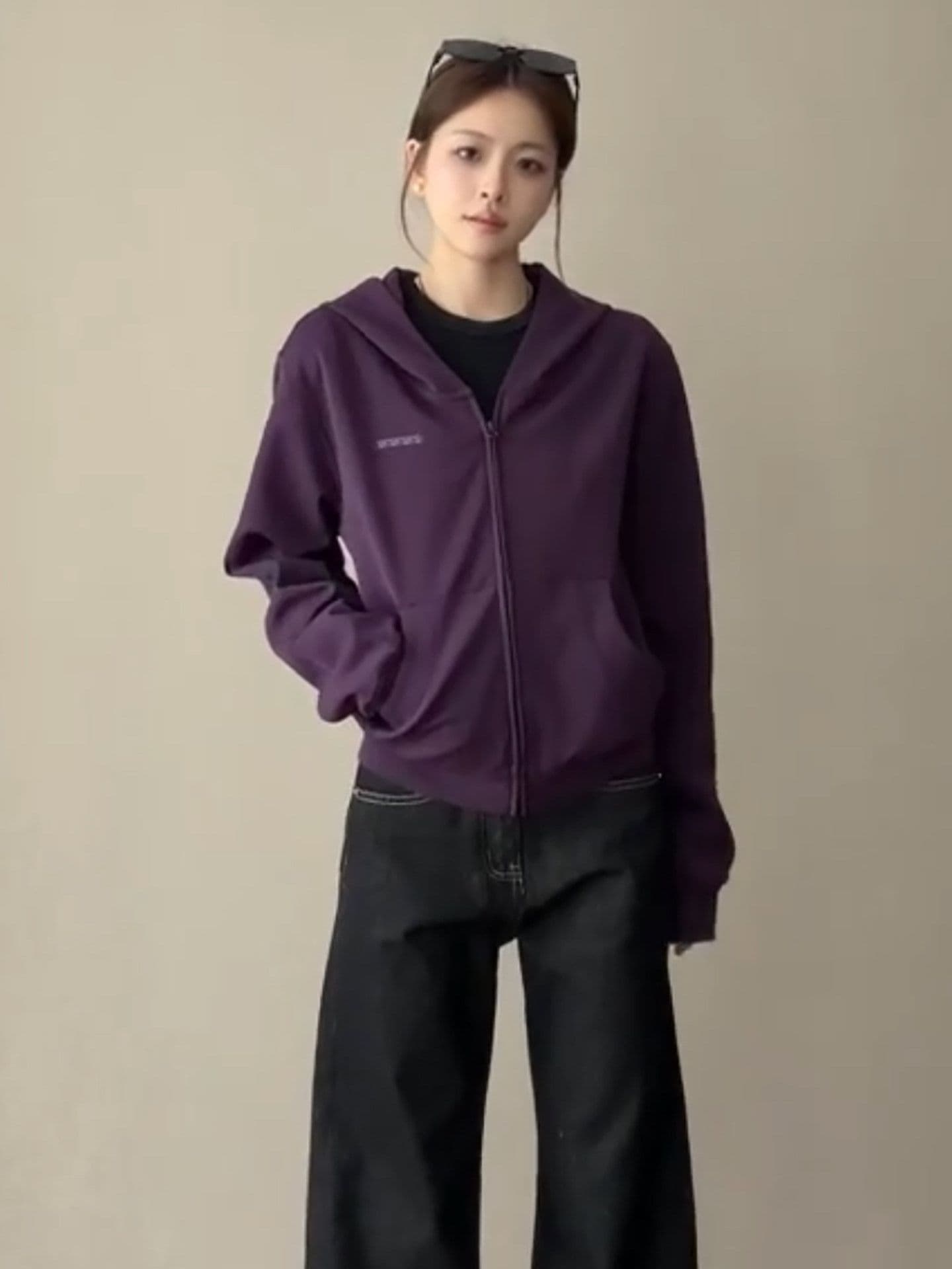 롱 코트 보라색 이른 가을 후드티 오픈 가디건 여성 2026 루즈핏 캐주얼 후드 재킷 이미지 2