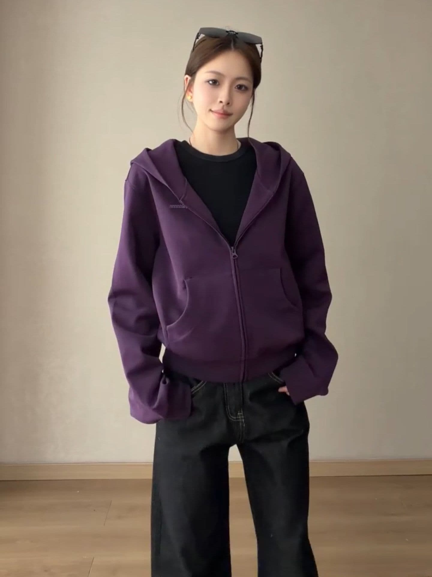 롱 코트 보라색 이른 가을 후드티 오픈 가디건 여성 2026 루즈핏 캐주얼 후드 재킷 상세 이미지 1