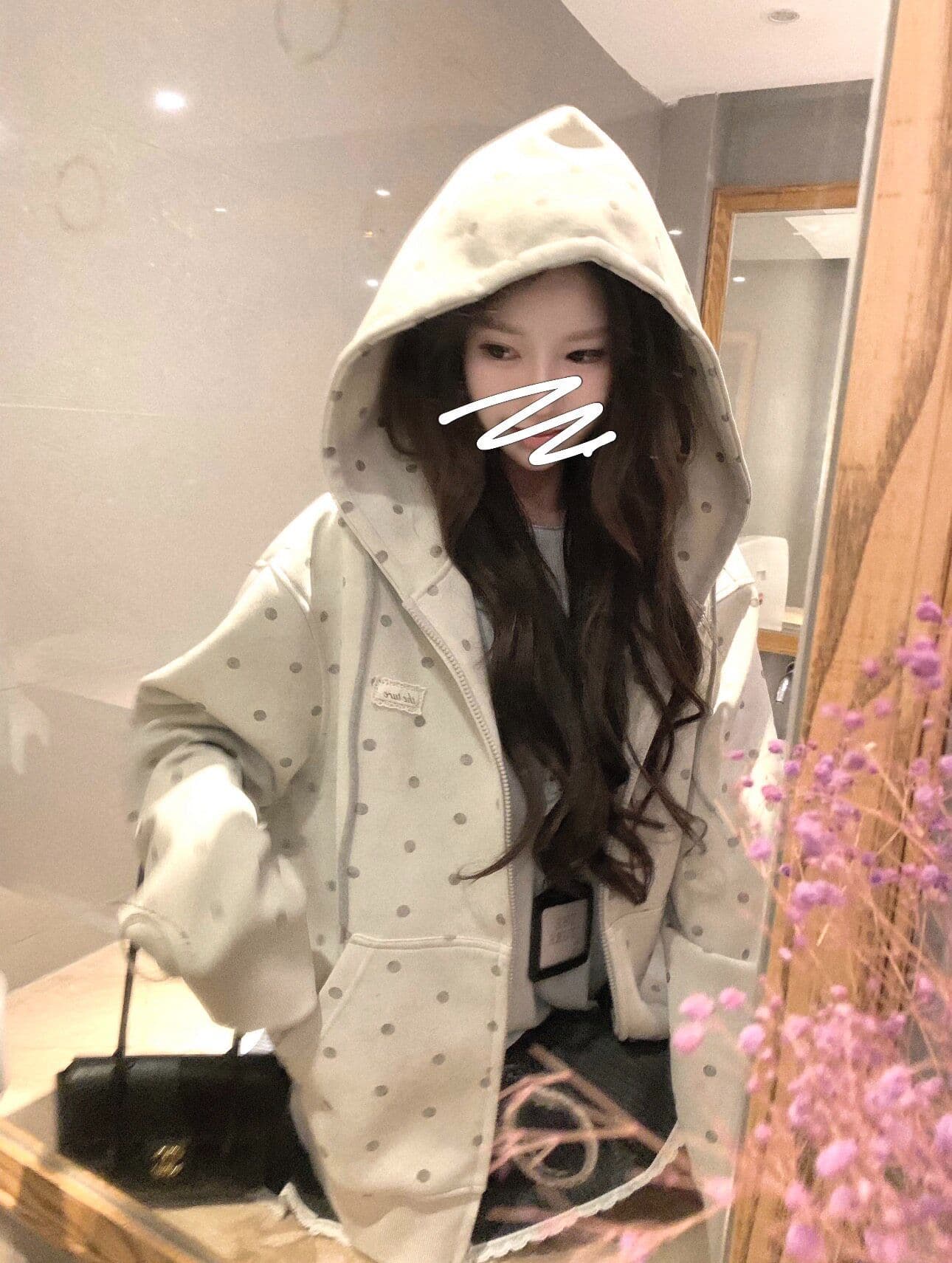 후아 면 복합 마 오래된 공예 가을 도트 무늬 후드 티 스웨터 여성 코트 지퍼 회색 맨위 이미지 3