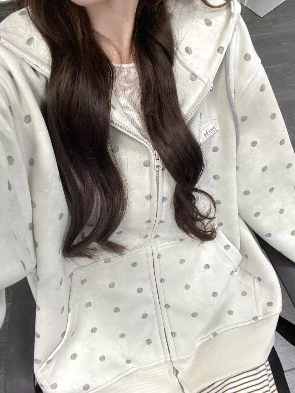 후아 면 복합 마 오래된 공예 가을 도트 무늬 후드 티 스웨터 여성 코트 지퍼 회색 맨위 이미지 4