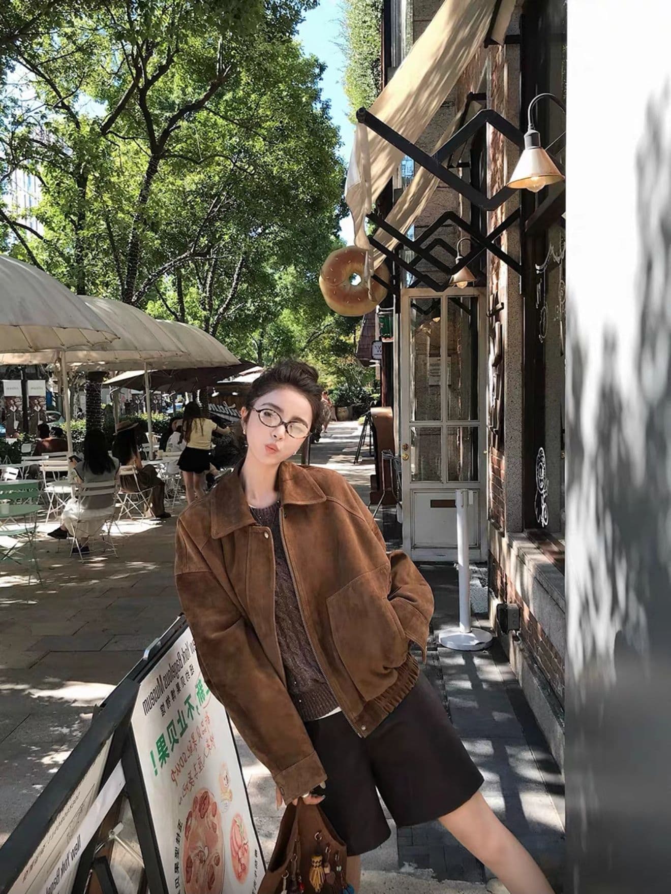 브라운 레트로 가죽 재킷 짧은 여성 코트 가을 품격 느긋한 느슨함 센스 긴팔 루즈핏 캐주얼 맨위 재킷 상세 이미지 2
