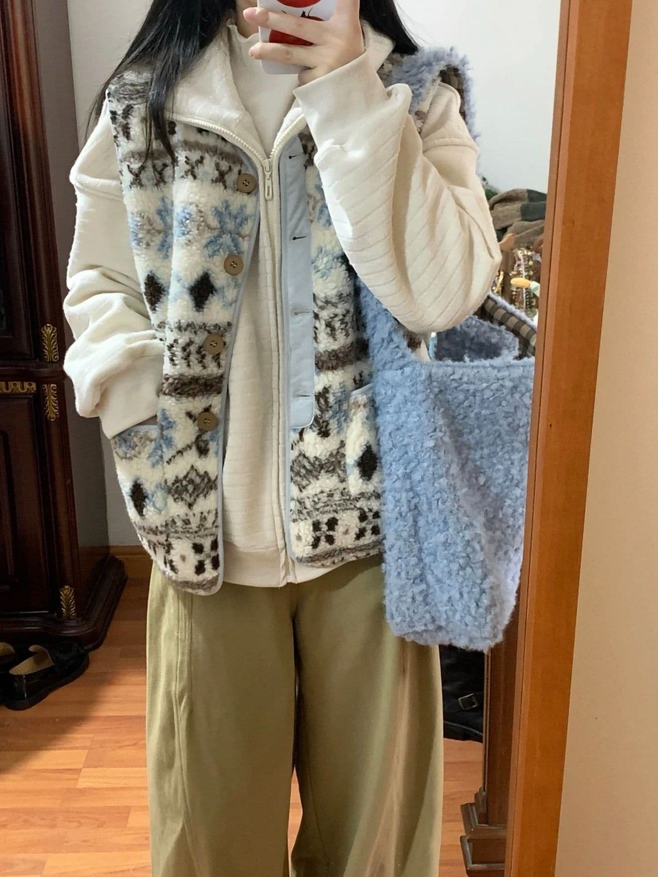 공정한 섬 양털 조끼 여자 가을 겨울 한 부서 레트로 자카드 피모 하나 보온 자이언트 잘 생긴 조끼 자켓 상세 이미지 5