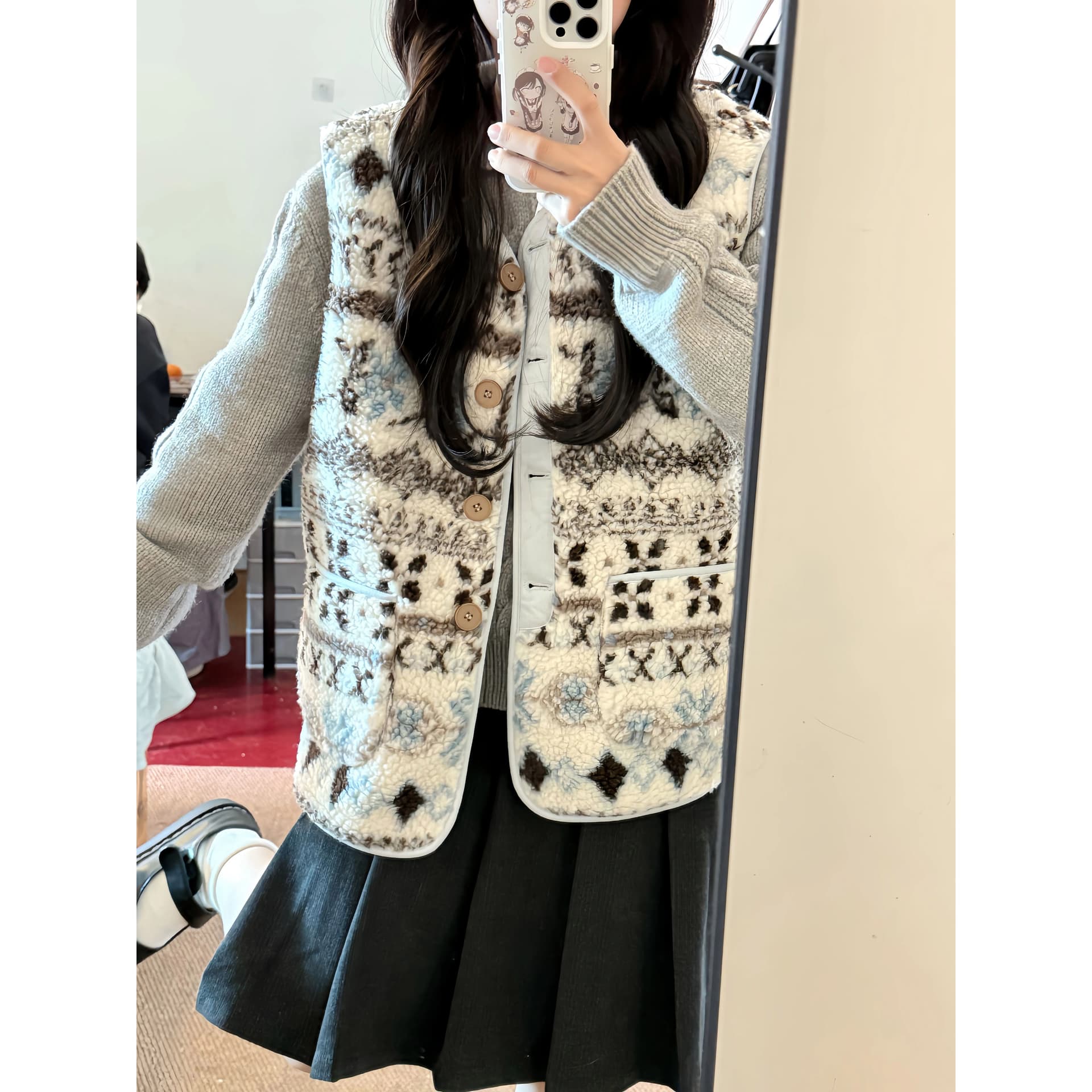 공정한 섬 양털 조끼 여자 가을 겨울 한 부서 레트로 자카드 피모 하나 보온 자이언트 잘 생긴 조끼 자켓 이미지 4