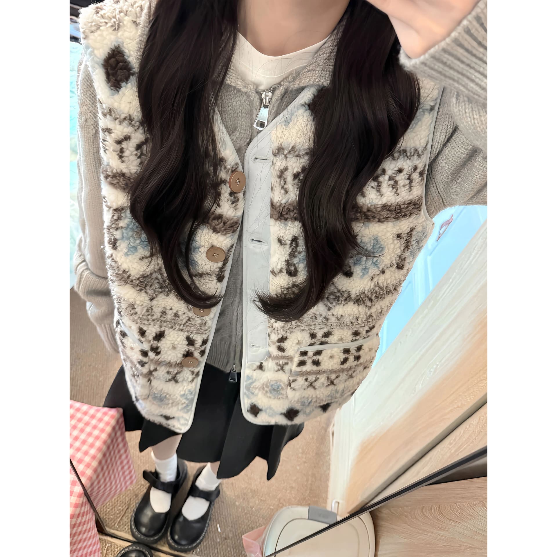 공정한 섬 양털 조끼 여자 가을 겨울 한 부서 레트로 자카드 피모 하나 보온 자이언트 잘 생긴 조끼 자켓 이미지 2