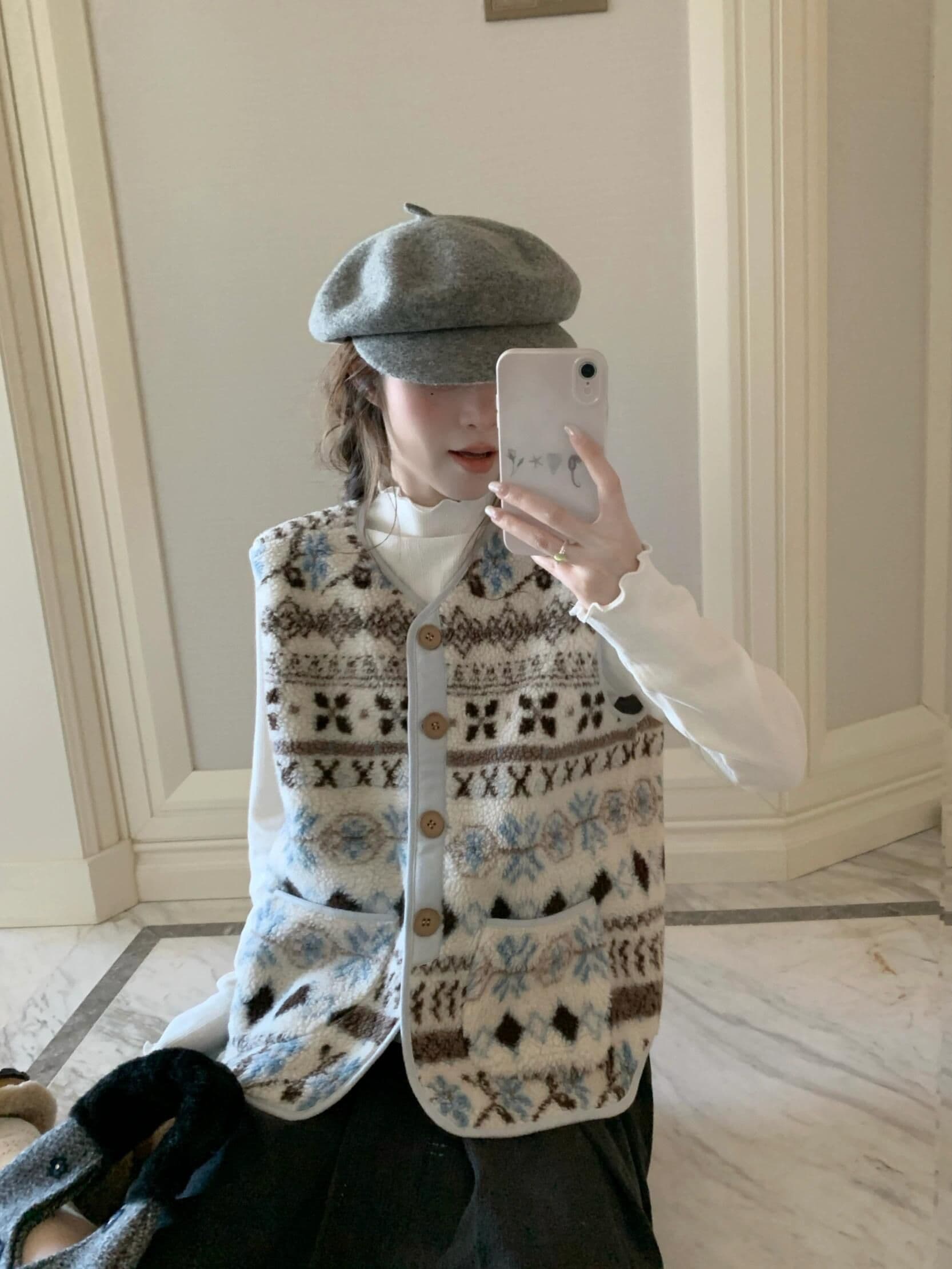 공정한 섬 양털 조끼 여자 가을 겨울 한 부서 레트로 자카드 피모 하나 보온 자이언트 잘 생긴 조끼 자켓 이미지 2