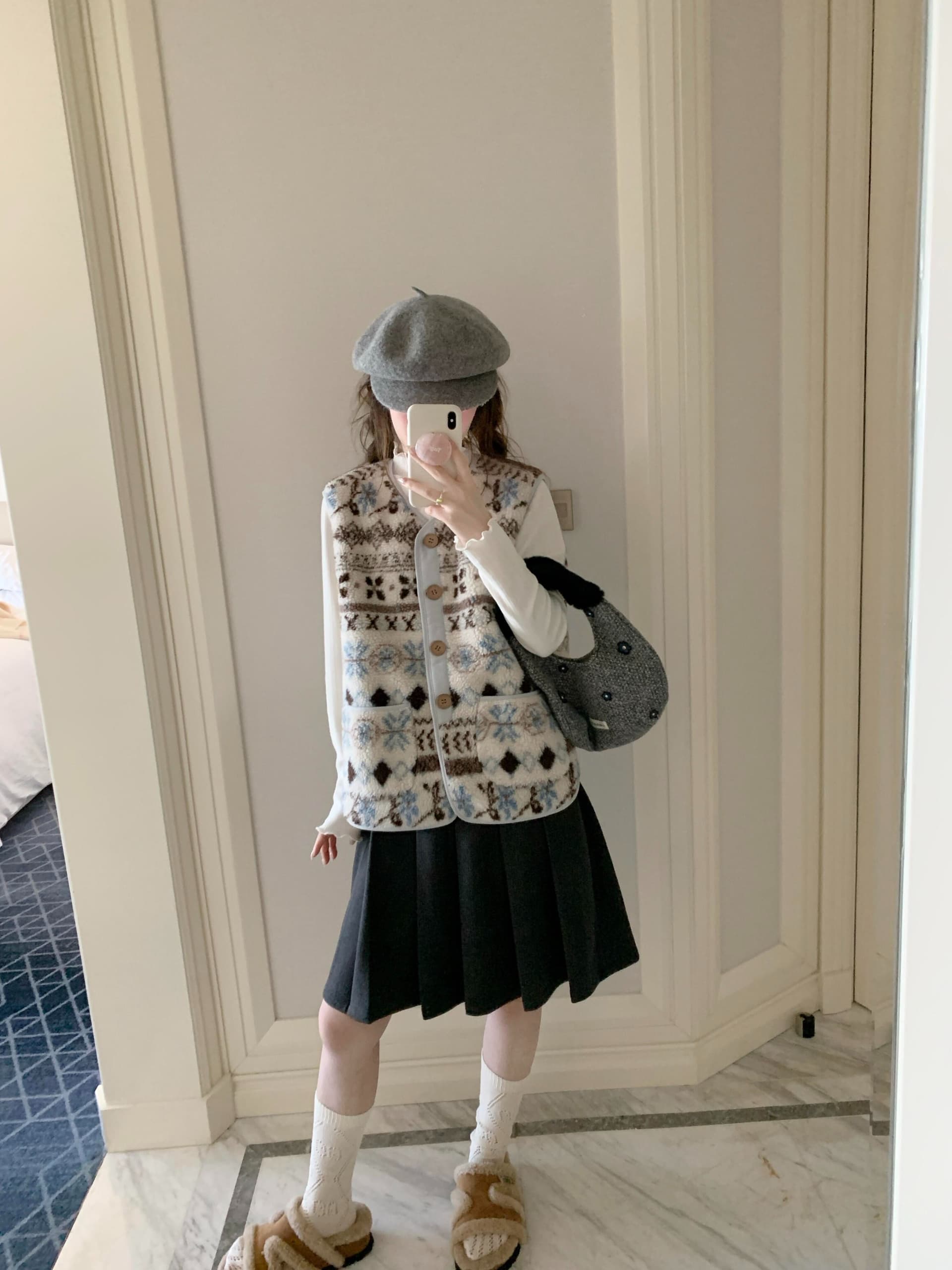 공정한 섬 양털 조끼 여자 가을 겨울 한 부서 레트로 자카드 피모 하나 보온 자이언트 잘 생긴 조끼 자켓 상세 이미지 3