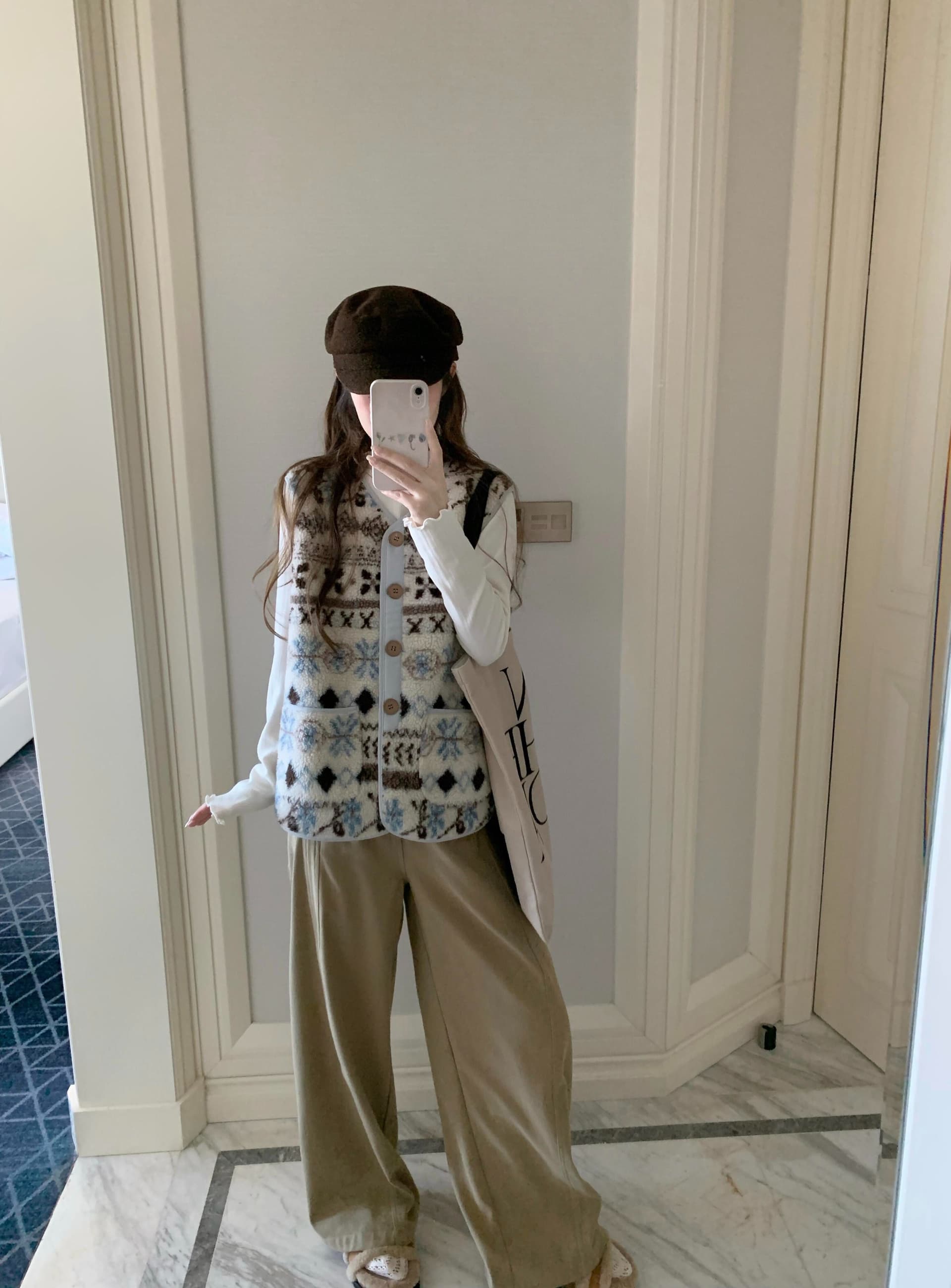 공정한 섬 양털 조끼 여자 가을 겨울 한 부서 레트로 자카드 피모 하나 보온 자이언트 잘 생긴 조끼 자켓 상세 이미지 4