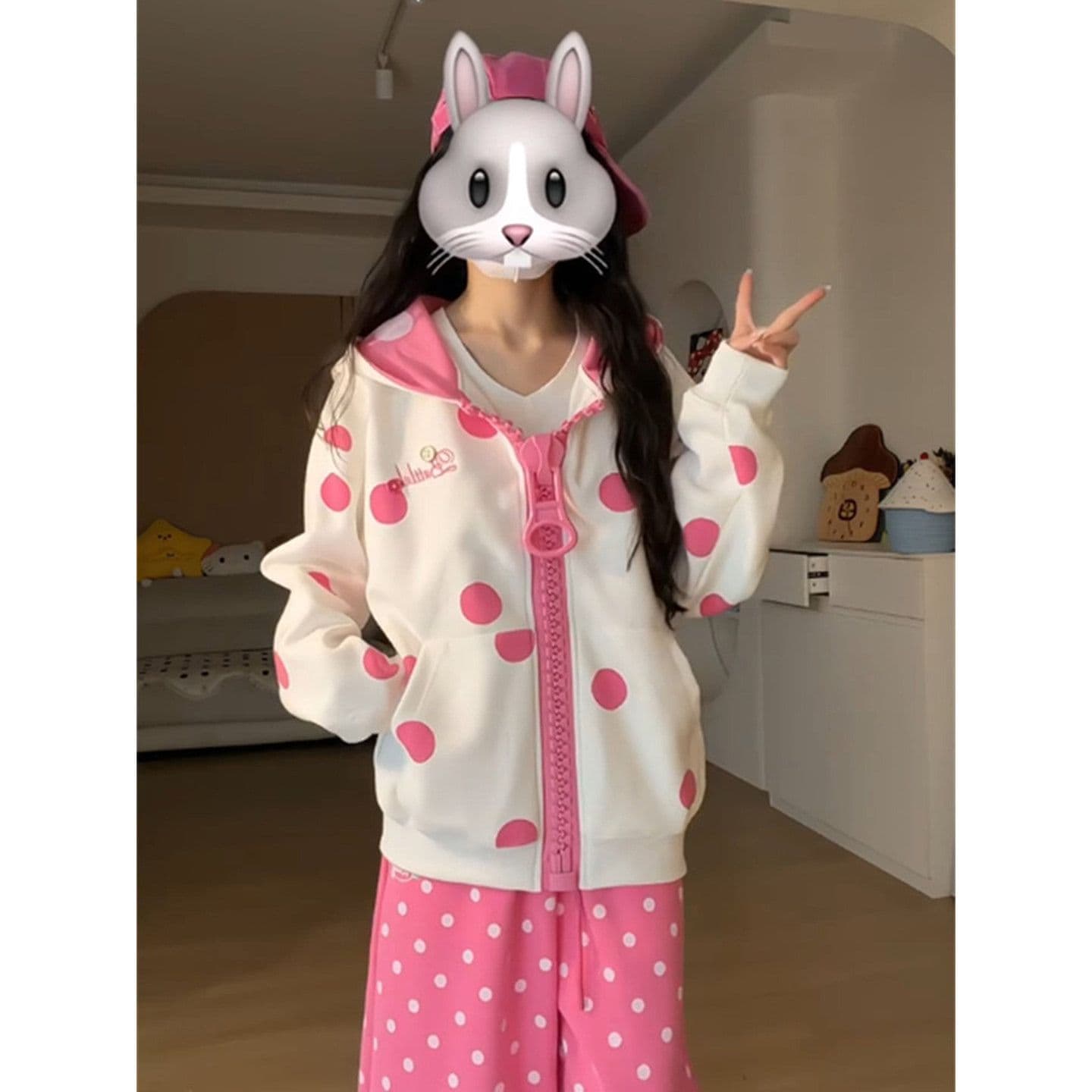 한 부서 도트 무늬 대 지퍼 후드 티 스웨터 소녀 가을 학생 루즈핏 재킷 이미지 2