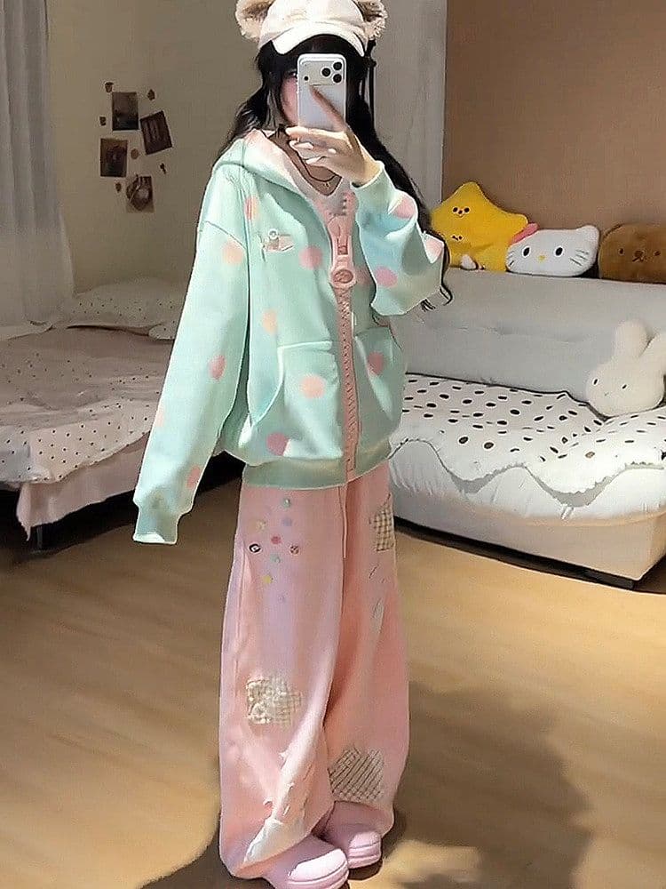 한 부서 도트 무늬 대 지퍼 후드 티 스웨터 소녀 가을 학생 루즈핏 재킷 상세 이미지 4