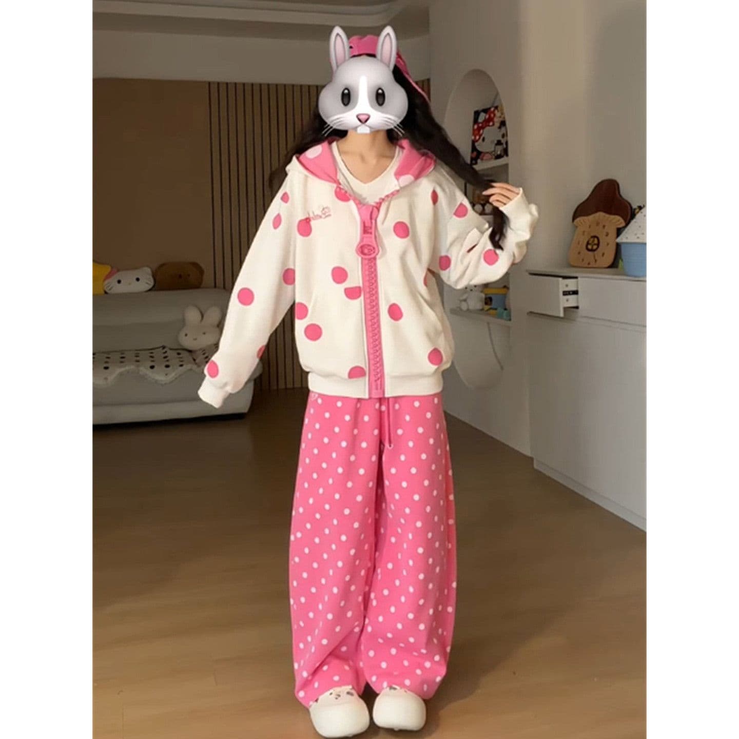 한 부서 도트 무늬 대 지퍼 후드 티 스웨터 소녀 가을 학생 루즈핏 재킷 상세 이미지 9