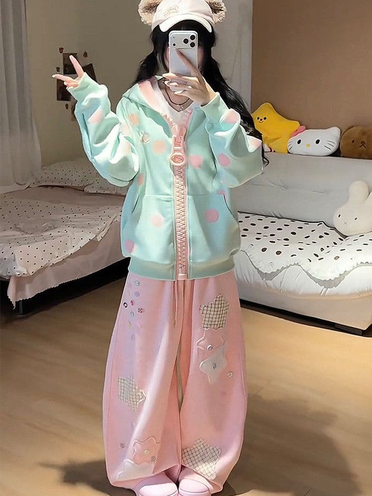 한 부서 도트 무늬 대 지퍼 후드 티 스웨터 소녀 가을 학생 루즈핏 재킷 이미지 2
