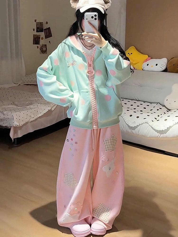 한 부서 도트 무늬 대 지퍼 후드 티 스웨터 소녀 가을 학생 루즈핏 재킷 이미지 3