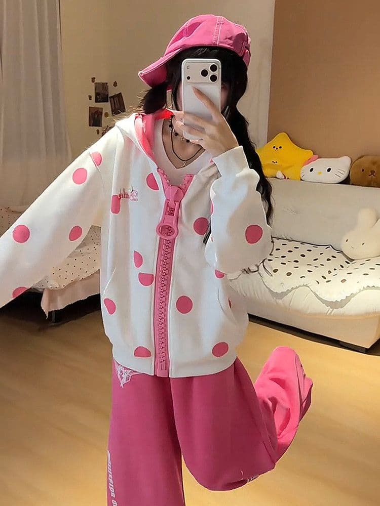 한 부서 도트 무늬 대 지퍼 후드 티 스웨터 소녀 가을 학생 루즈핏 재킷 이미지 4