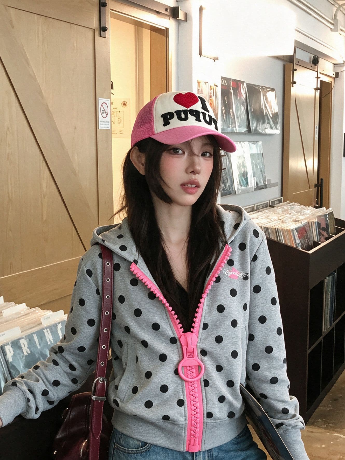 아메리칸 디자인 센스 대 지퍼 도트 무늬 후드 오픈 가디건 후드티 여성 재킷 가을 2026 상세 이미지 9