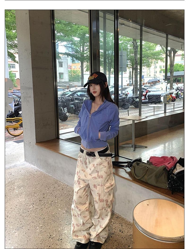 마 오래된 공예 가을 재킷 아메리칸 레트로 워싱 파란색 지퍼 후드 티 스웨터 여성 상세 이미지 6