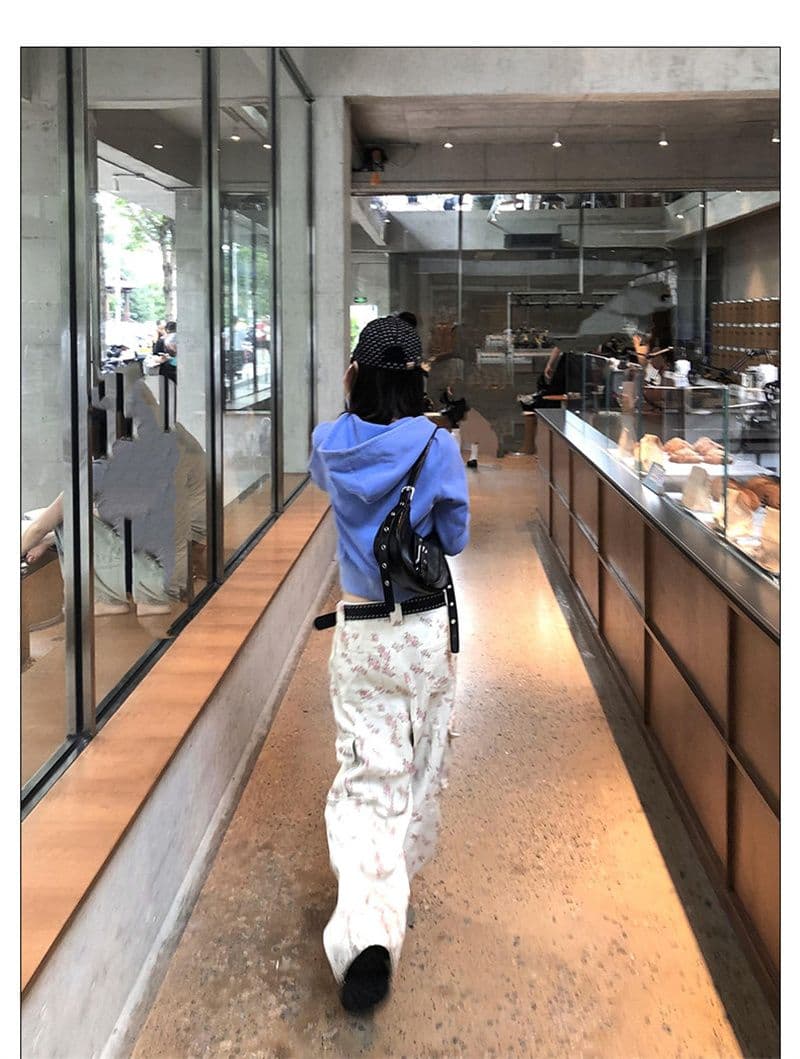 마 오래된 공예 가을 재킷 아메리칸 레트로 워싱 파란색 지퍼 후드 티 스웨터 여성 상세 이미지 7