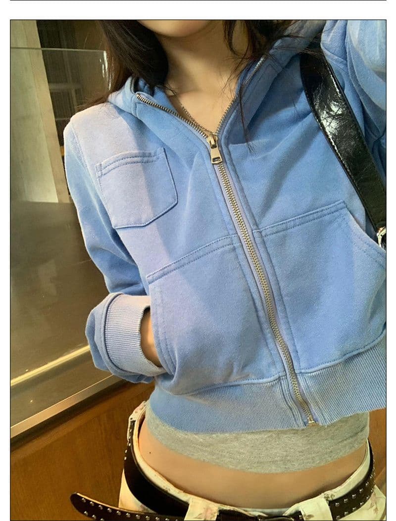 마 오래된 공예 가을 재킷 아메리칸 레트로 워싱 파란색 지퍼 후드 티 스웨터 여성 상세 이미지 8