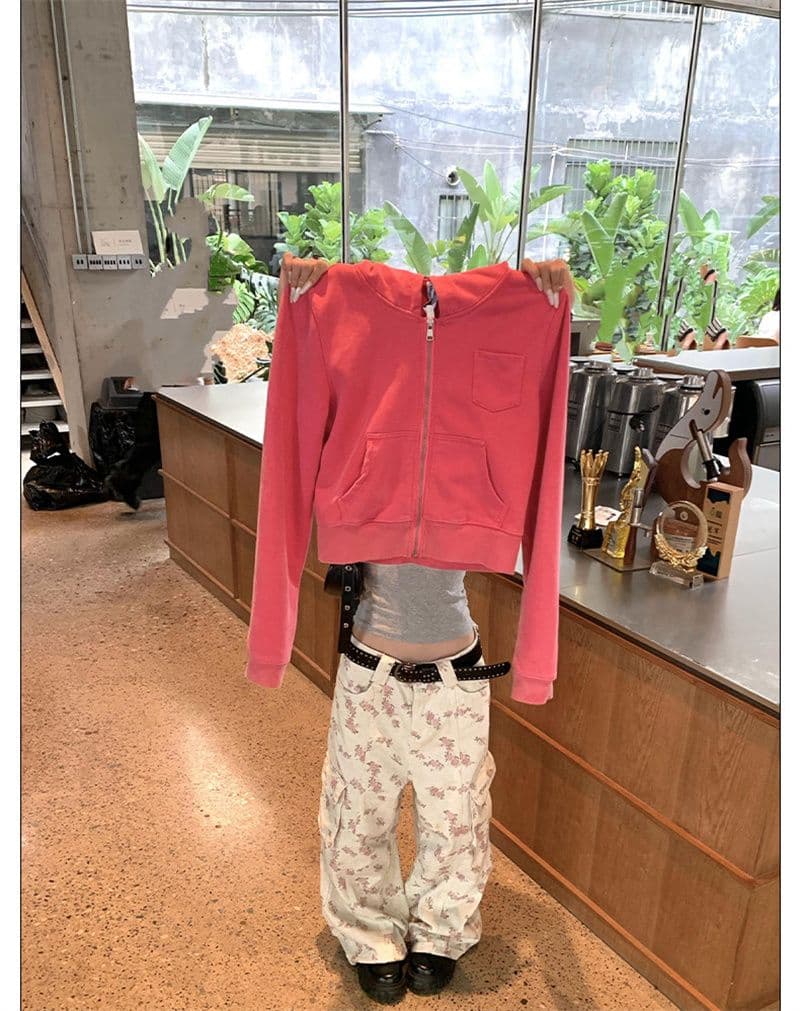 마 오래된 공예 가을 재킷 아메리칸 레트로 워싱 파란색 지퍼 후드 티 스웨터 여성 상세 이미지 11