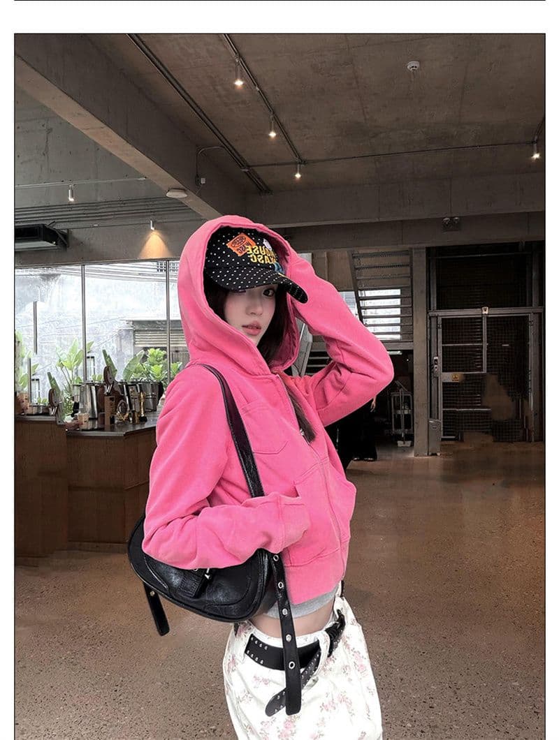 마 오래된 공예 가을 재킷 아메리칸 레트로 워싱 파란색 지퍼 후드 티 스웨터 여성 상세 이미지 12