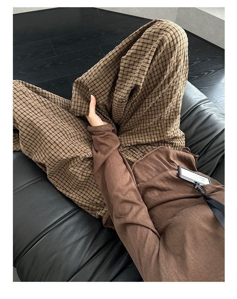 3 차원 허리 레트로 체크무늬 와이드 레깅스 바지 가을 2026 새로운 작은 키 루즈핏 슬림해 보이는 느긋한 바람 스트레이트 팬츠 상세 이미지 5