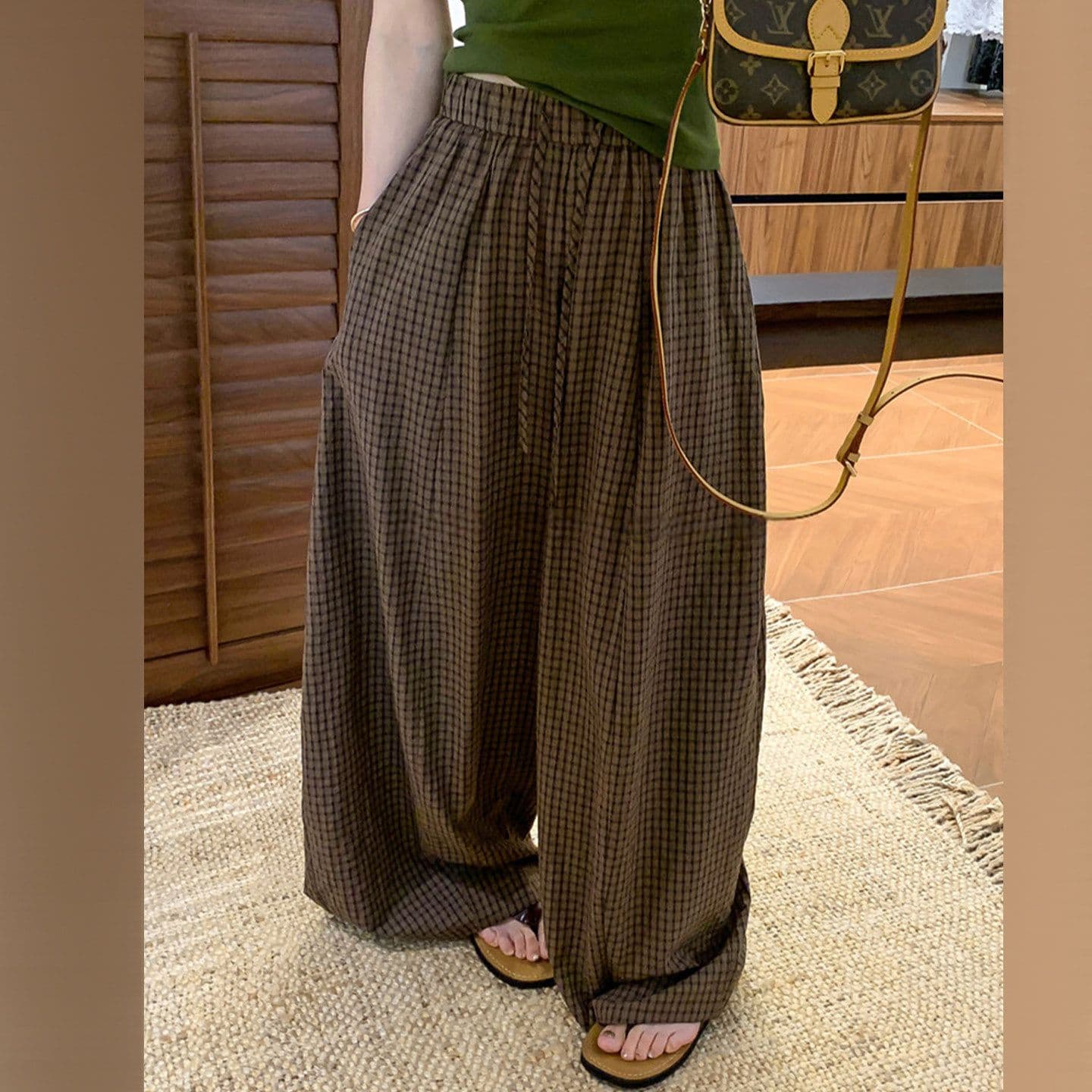 3 차원 허리 레트로 체크무늬 와이드 레깅스 바지 가을 2026 새로운 작은 키 루즈핏 슬림해 보이는 느긋한 바람 스트레이트 팬츠