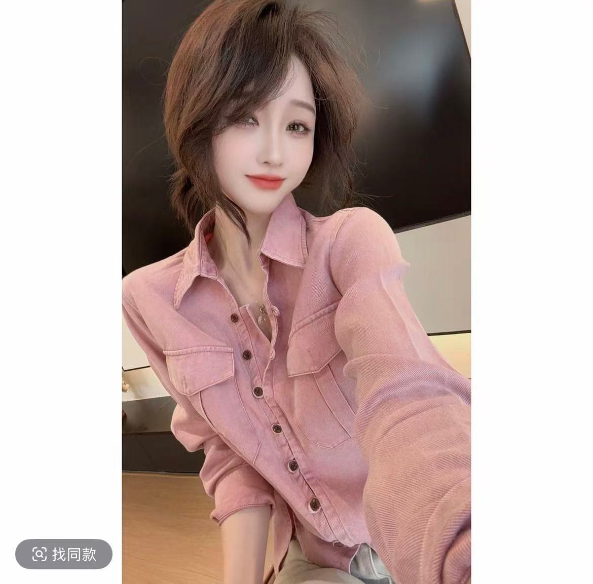 핑크색 폴로 칼라 데님 셔츠 긴팔 맨위 2026 봄 새로운 고급 센스 작은 셔츠 디자인 센스 셔츠 여성 의류 상세 이미지 1
