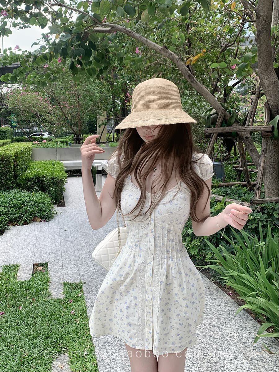 레이스 조각 허리 수축 드레스 자카드 프릴 맨위 여름 이미지 5