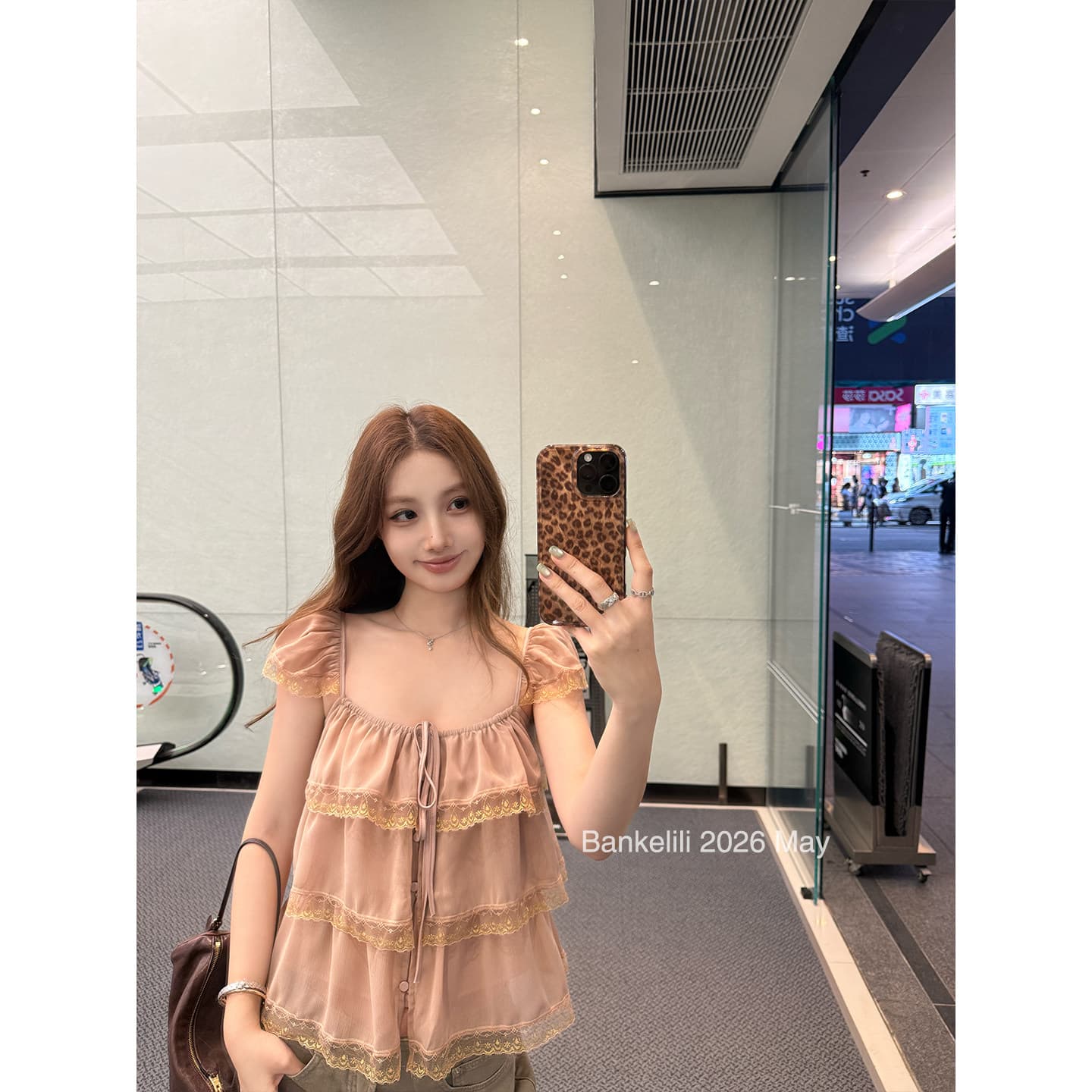 프릴 레이스 작은 날다 소매 광장 칼라 슬립 상세 이미지 4