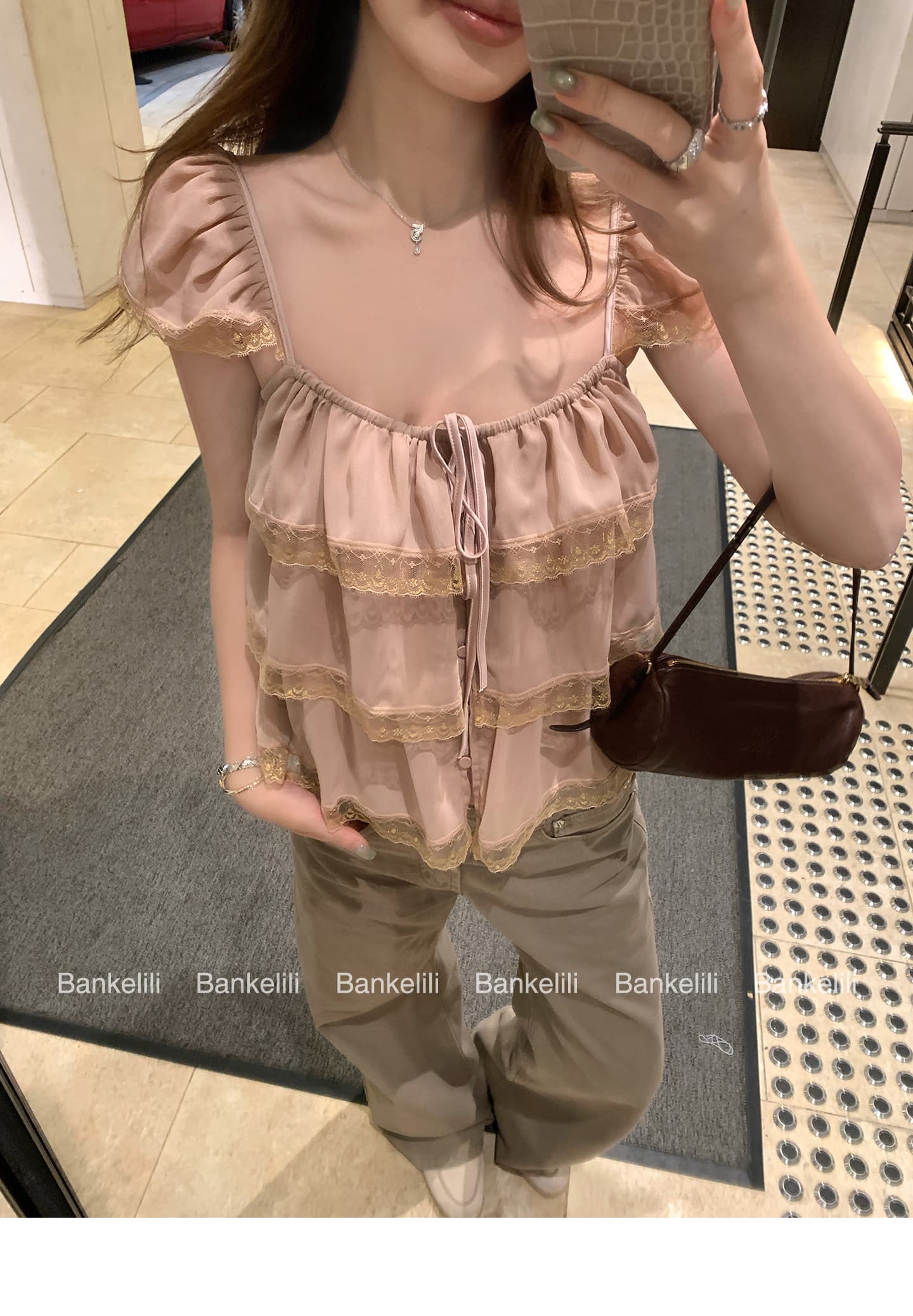 프릴 레이스 작은 날다 소매 광장 칼라 슬립 상세 이미지 6