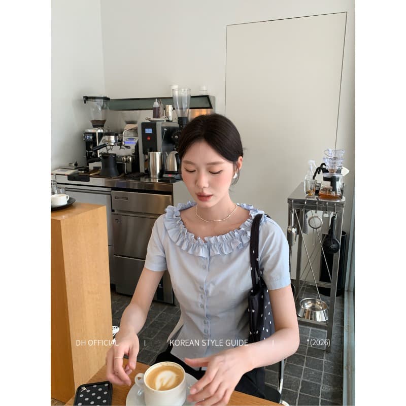 라이 경기 서울 면 여름 한 단어 목이버섯 레이스 칼라 여름 부드러운 반팔 셔츠 상세 이미지 4