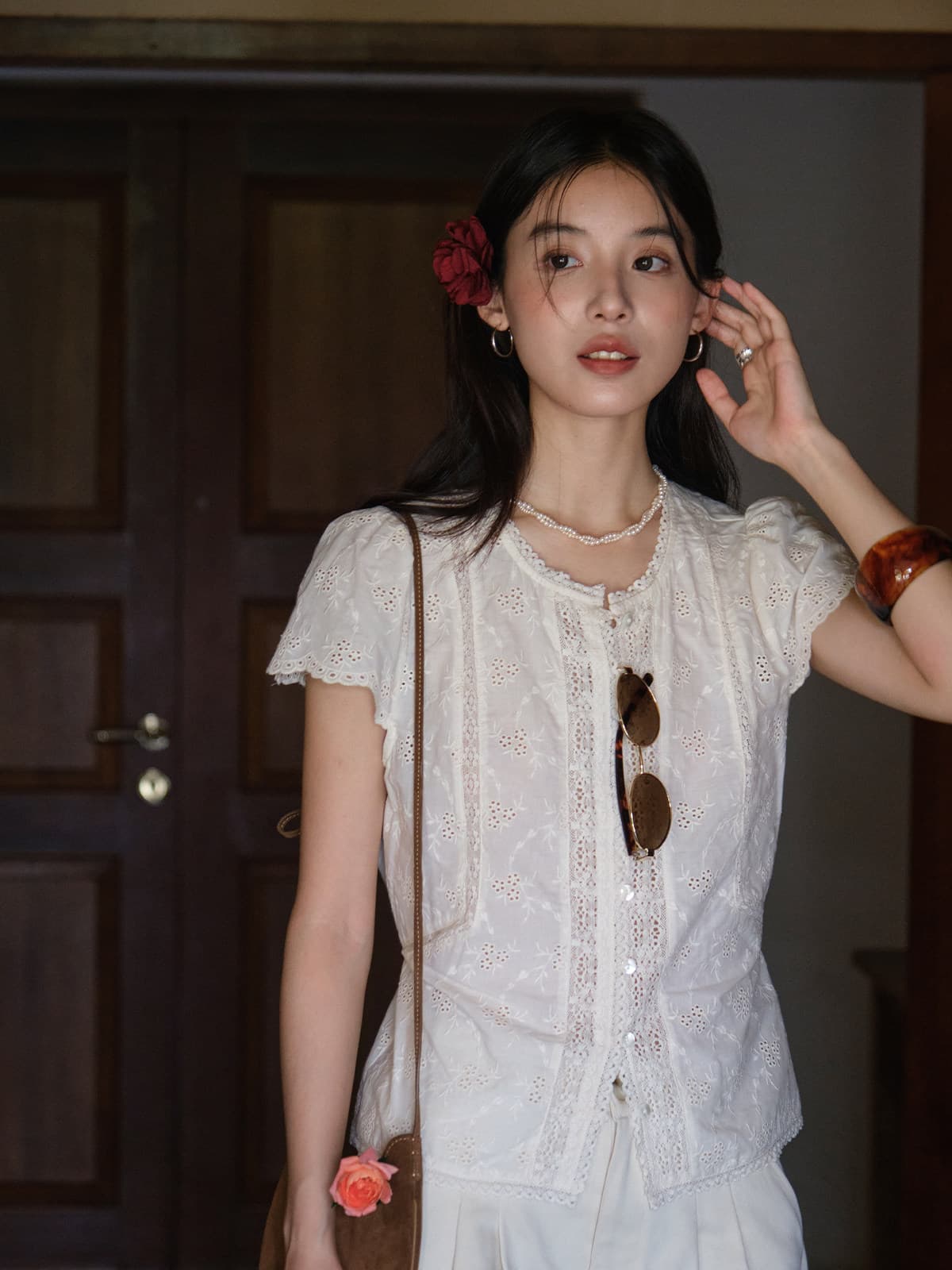 꽃 새기다 빈 문 襟 레이스 작은 셔츠 이미지 4