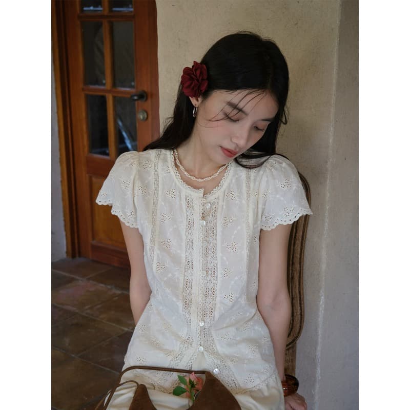 꽃 새기다 빈 문 襟 레이스 작은 셔츠 상세 이미지 3