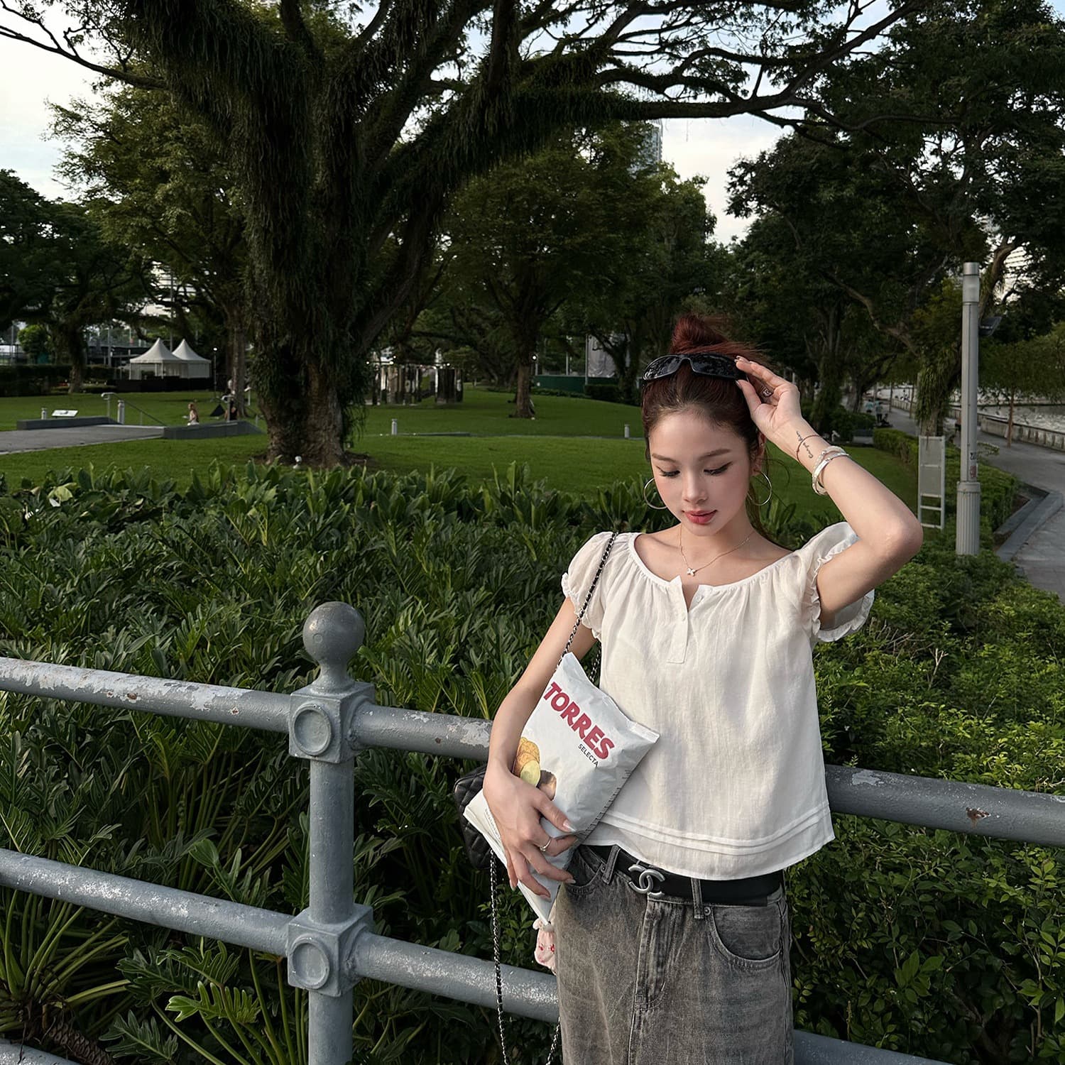 달콤함 화이트 거품 소매 주간 실크 라미 반팔 티셔츠 여성 여름 연령 감소 인형 셔츠 맨위 이미지 5