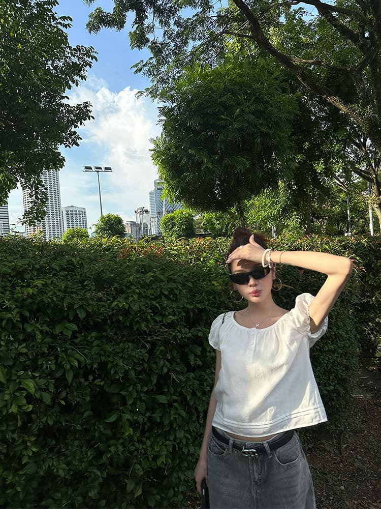 달콤함 화이트 거품 소매 주간 실크 라미 반팔 티셔츠 여성 여름 연령 감소 인형 셔츠 맨위 상세 이미지 2