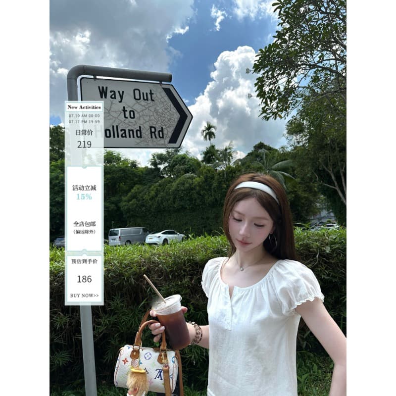 달콤함 화이트 거품 소매 주간 실크 라미 반팔 티셔츠 여성 여름 연령 감소 인형 셔츠 맨위 상세 이미지 7