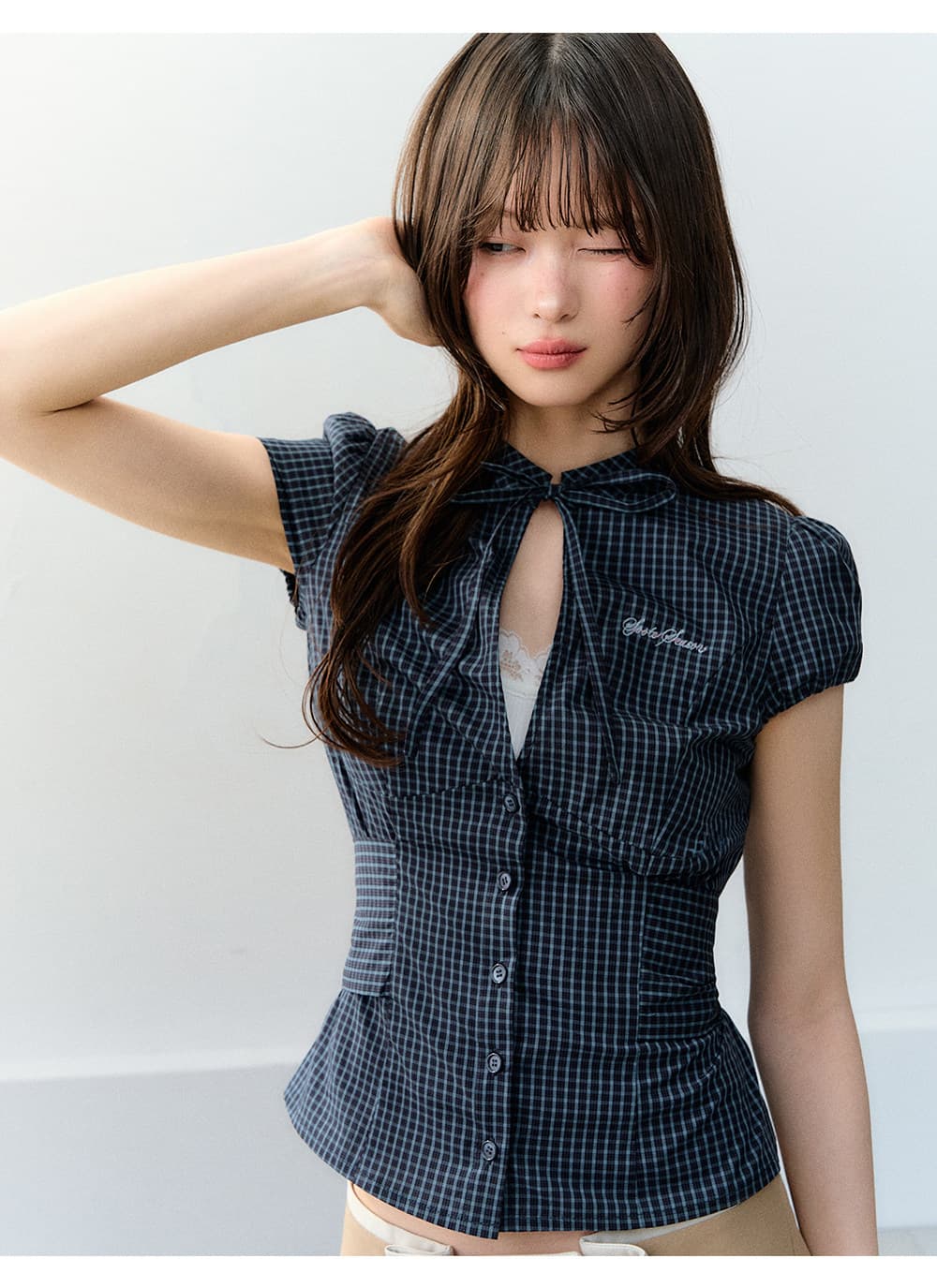 한 부서 레트로 체크무늬 나비 넥타이 홀로우 아웃 허리 수축 셔츠 맨위 여성 상세 이미지 3